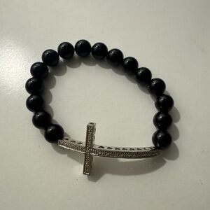 925 Silver Cross Beaded Onyx Stretch Bracelet